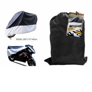 Funda para motocicleta 190T, negra en la parte superior y plateada en la inferior, talla XXXXL, 295 x 110 x 140 cm, con orificio para cerradura antirrobo de aluminio.