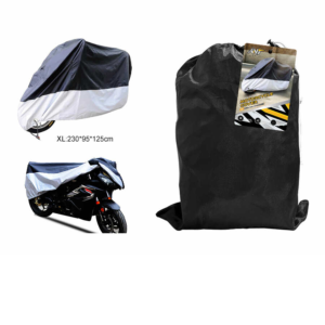 Funda para motocicleta 190T, negra en la parte superior y plateada en la inferior, tamaño XL, 230 x 95 x 125 cm, con orificio para cerradura antirrobo de aluminio.