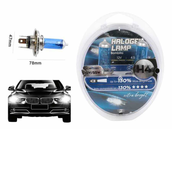C6143 (estilo simple) Lámpara halógena de caja redonda H4 para faros delanteros de coche, bombilla azul de cuarzo, 12 V, 55 W (tarjeta de papel CARSUN)